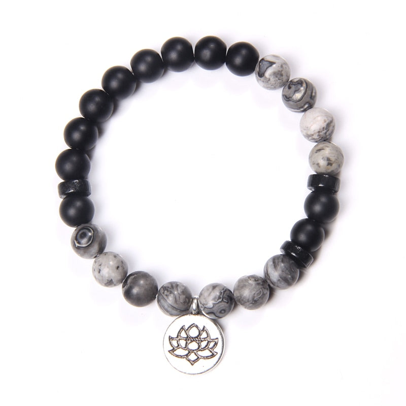 Natural Stone crystal Bracelet with lotus charm black and grey