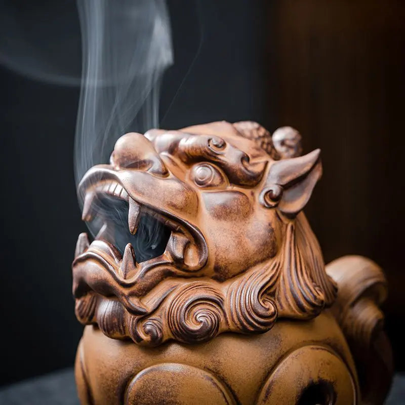 Chinese Lion Dragon Ceramic Incense Burner