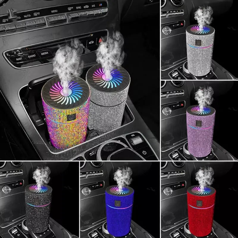 A collection of images showing a car diffuser humidifier with LED light in various colors emitting mist, placed in different cars.