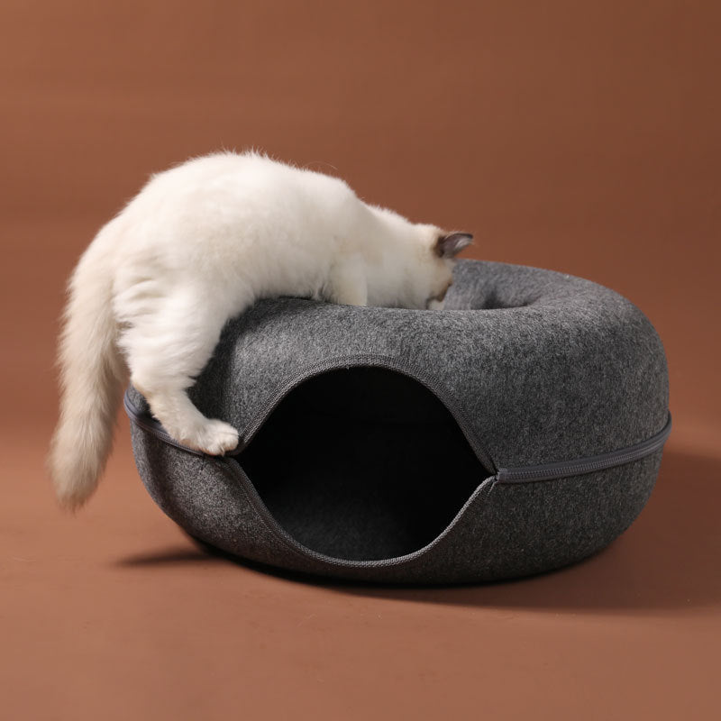 Cat Nest Round Woollen Felt Pet Dual-use Nest  & Tunnel Pure Ember