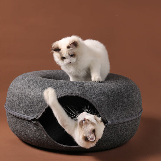 Cat Nest Round Woollen Felt Pet Dual-use Nest  & Tunnel Pure Ember