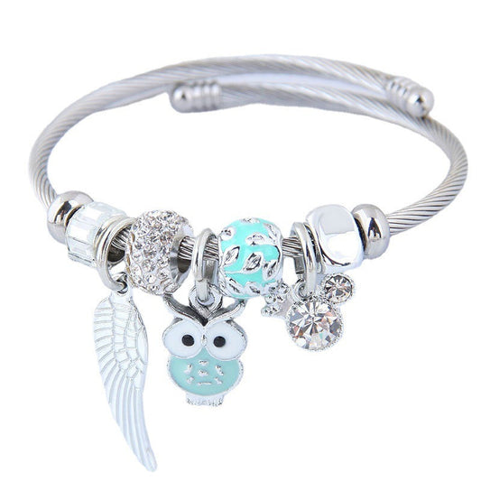 DIY Beaded Owl Angel Wings Pendant Stainless Steel Bracelet Pure Ember pandora style