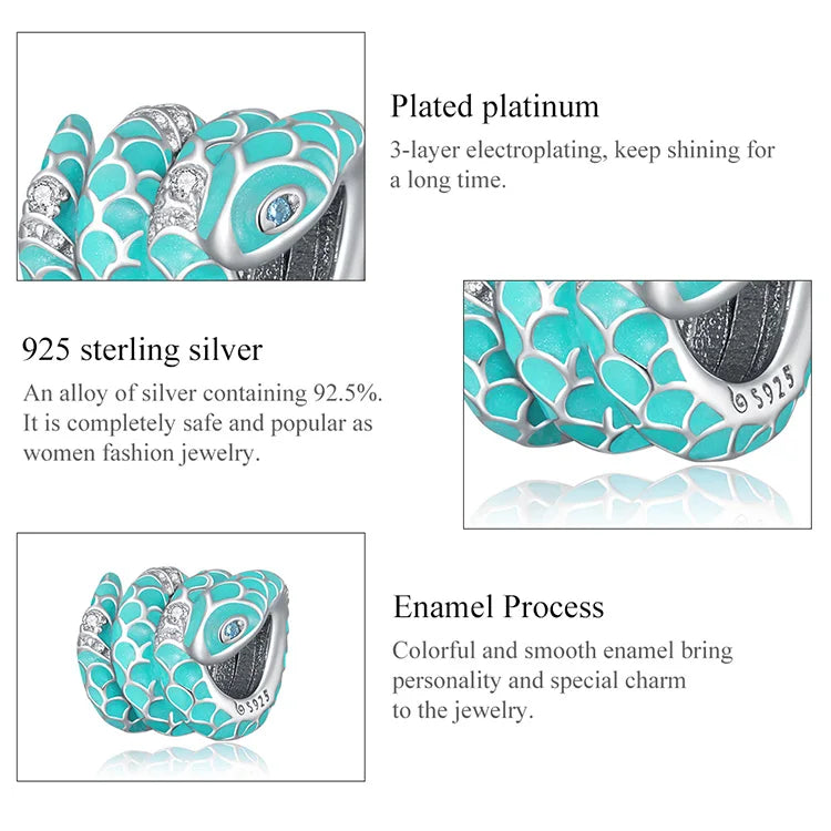925 Sterling Silver blue snake charm with a dragon pattern