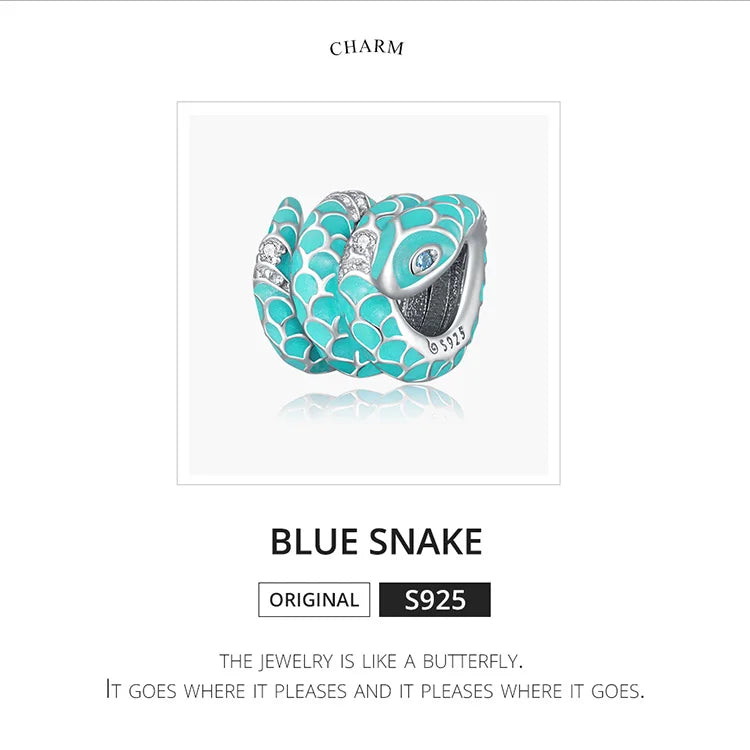 925 Sterling Silver blue snake charm with a dragon pattern