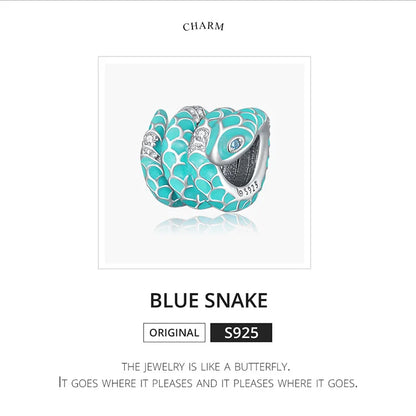 925 Sterling Silver blue snake charm with a dragon pattern