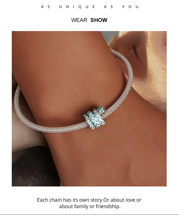 925 Sterling Silver blue snake charm with a dragon pattern