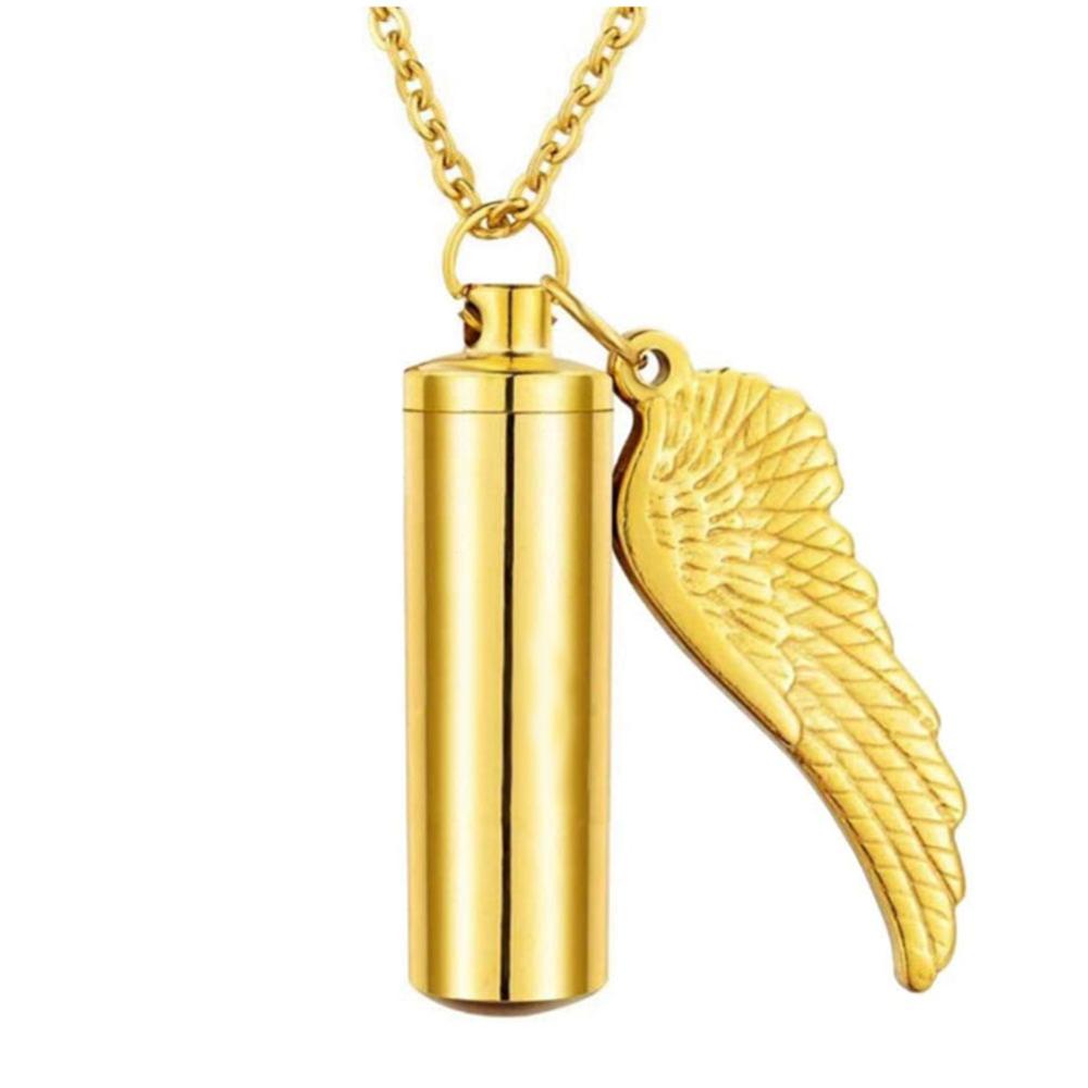 Cylinder Cremation Urn Necklace for Ashes with Angel Wing gold