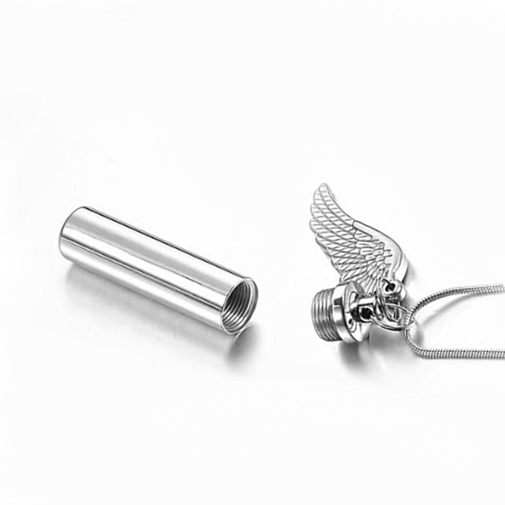 Cylinder Cremation Urn Necklace for Ashes with Angel Wing silver