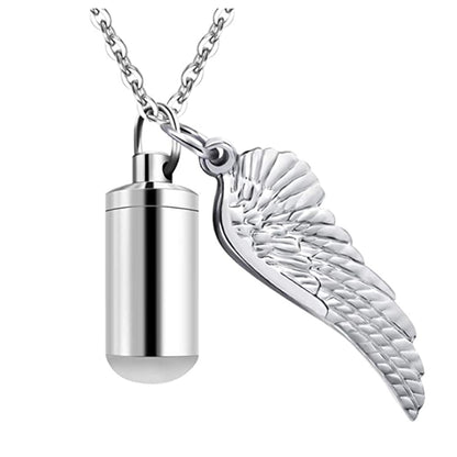 Cylinder Cremation Urn Necklace for Ashes with Angel Wing silver