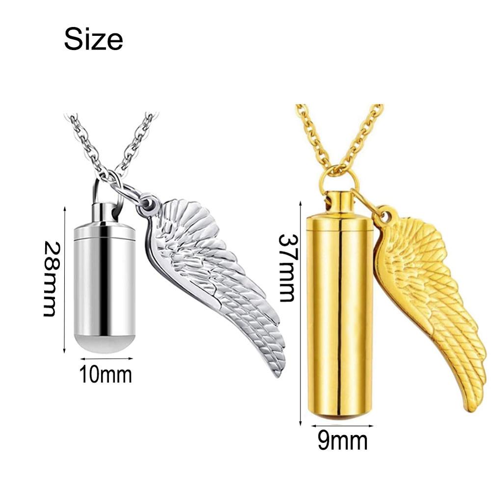 Cylinder Cremation Urn Necklace for Ashes with Angel Wing