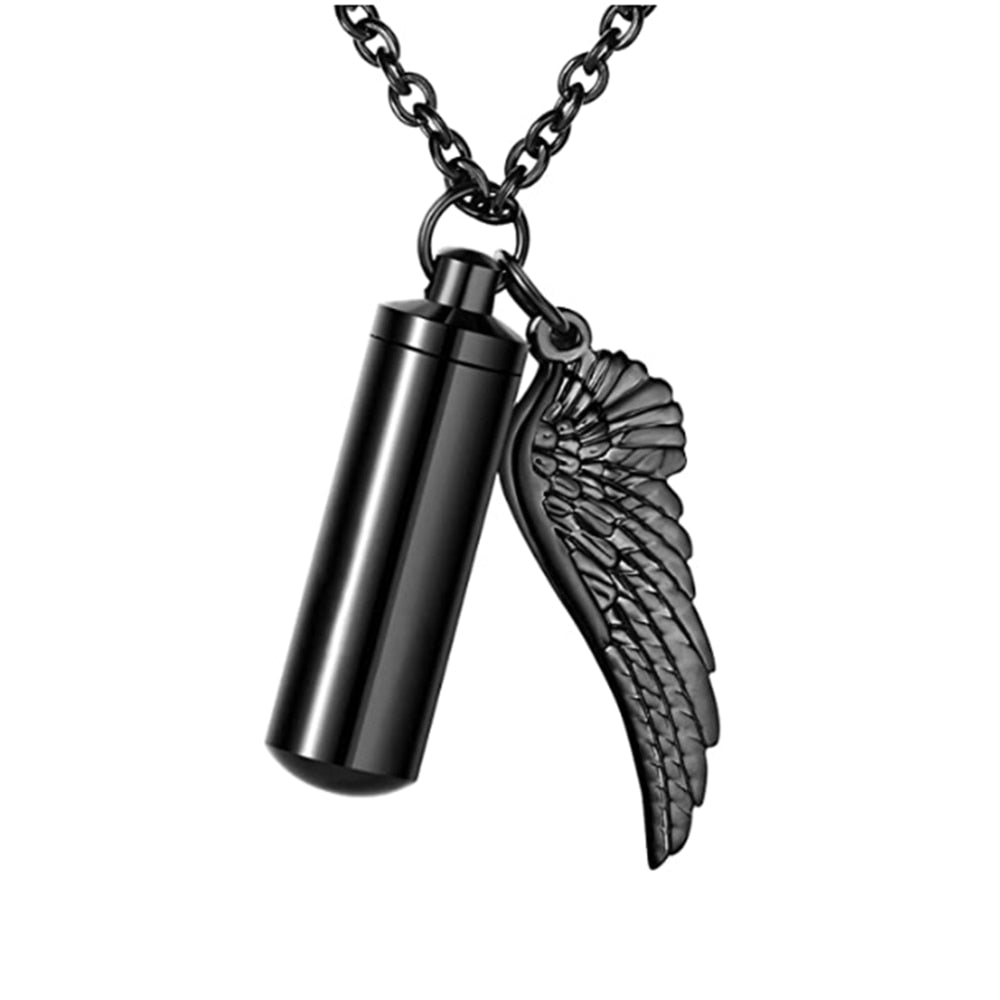 Cylinder Cremation Urn Necklace for Ashes with Angel Wing black