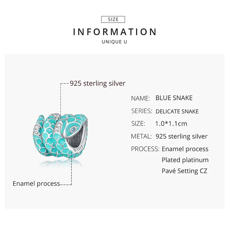925 Sterling Silver blue snake charm with a dragon pattern