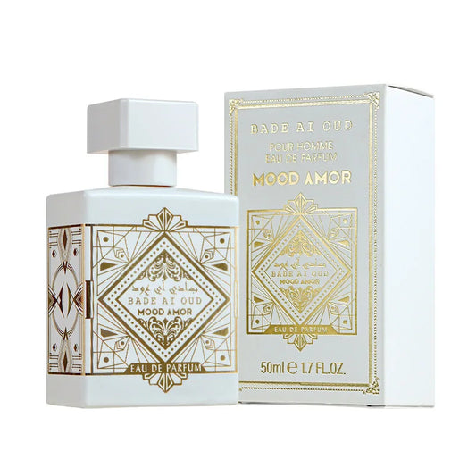 Eau de Parfum bottle and packaging with gold decorative elements on a white background