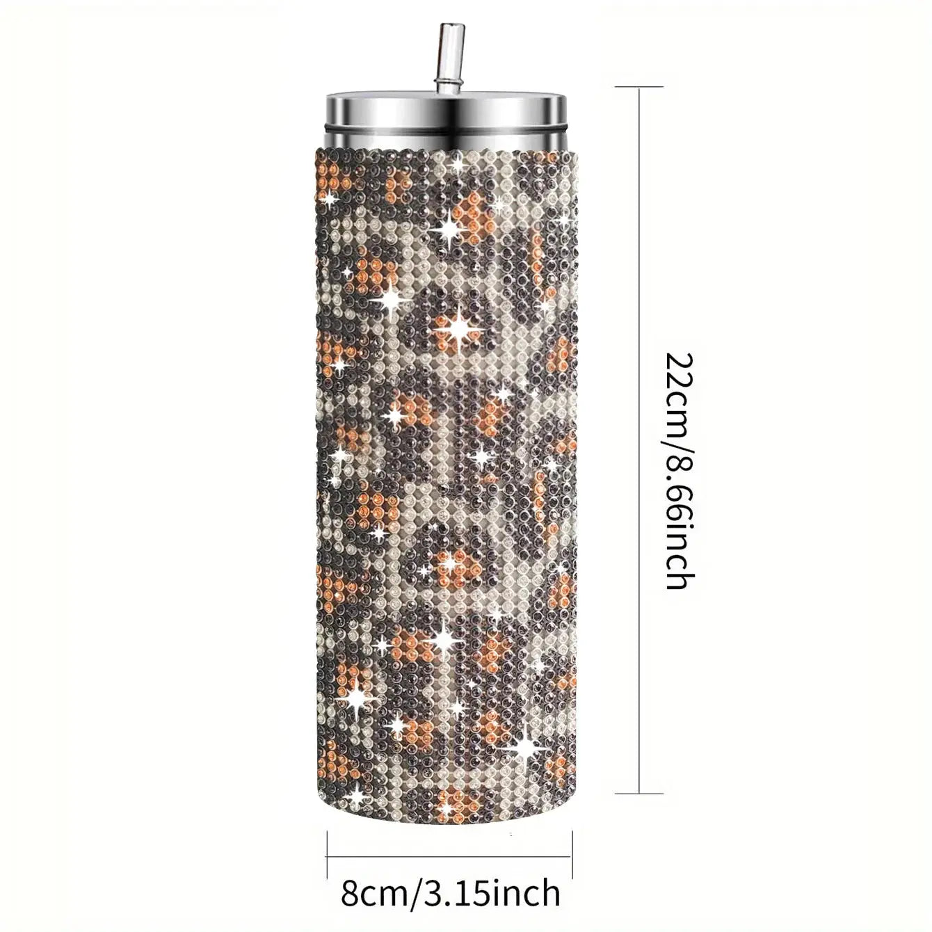 Tumbler with leopard print and rhinestones, showing dimensions on a white background
