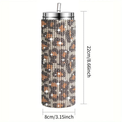 Tumbler with leopard print and rhinestones, showing dimensions on a white background