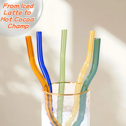 Colorful 4Pcs Wavy Glass Straws Shatter-Resistant in a glass cup, highlighting their durability and suitability for hot and cold beverages.
