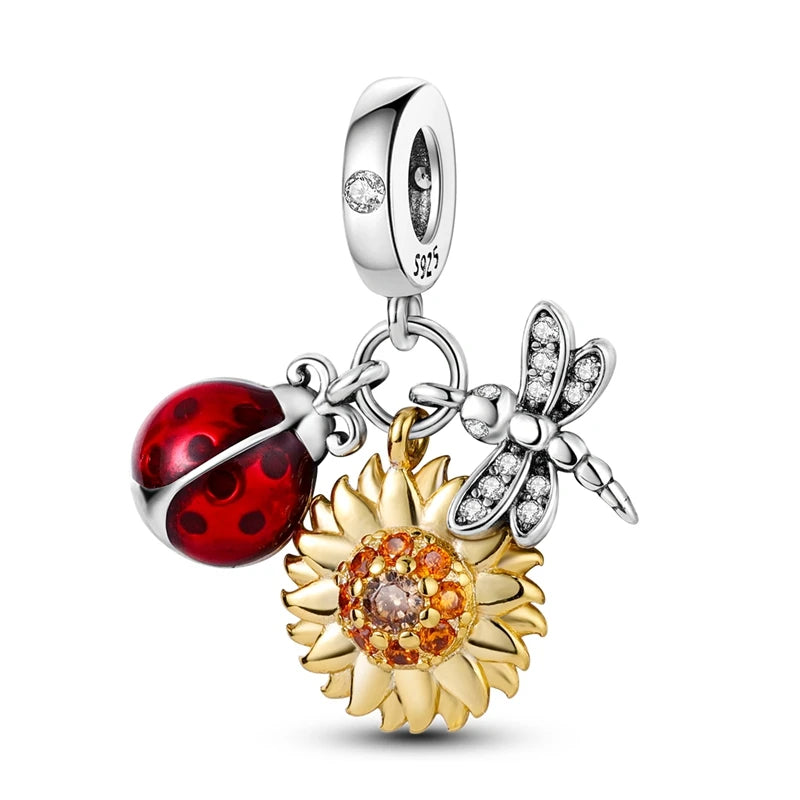 925 Sterling Silver Golden Sunflowers Heart Charms Pure Ember
