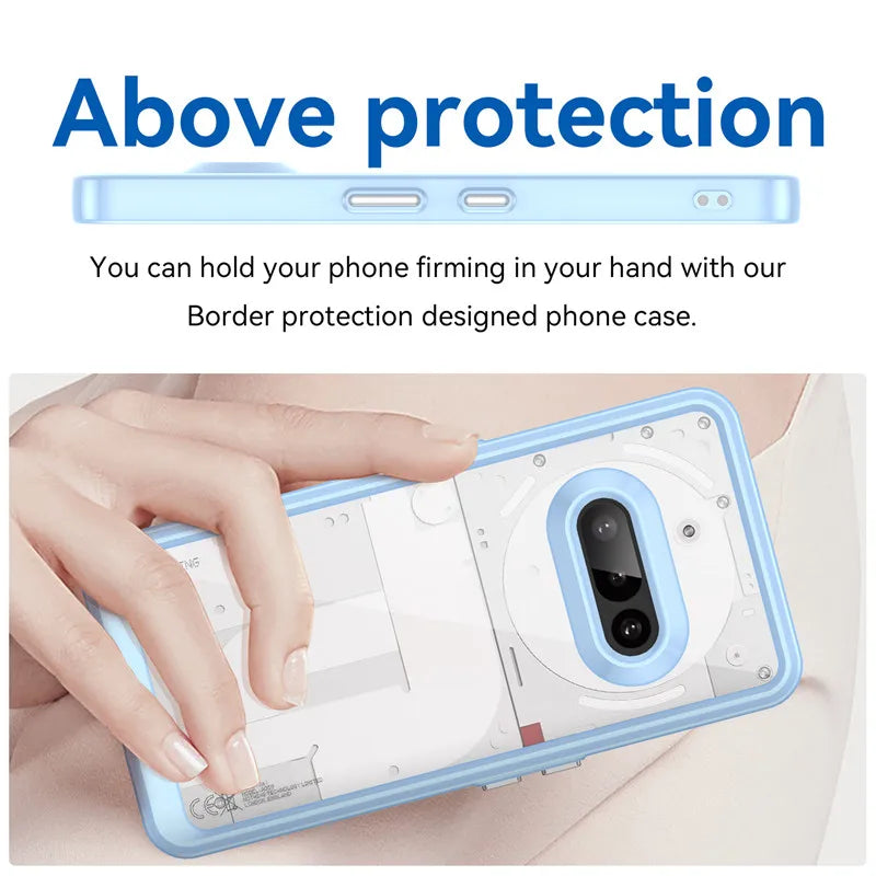 Phone case with border protection design held by a hand, text 'Above protection' displayed.