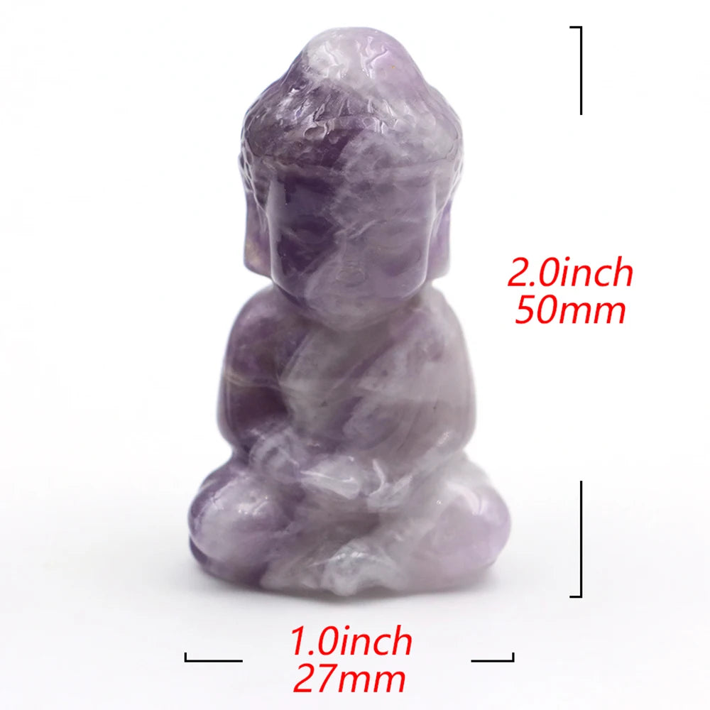 Amethyst figurine with measurements on a white background