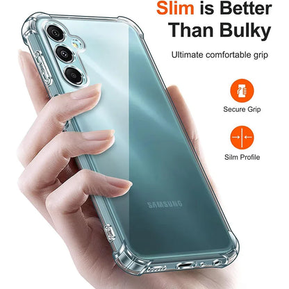 Hand holding a Samsung phone with a clear case, emphasizing 'Slim is Better Than Bulky' text.