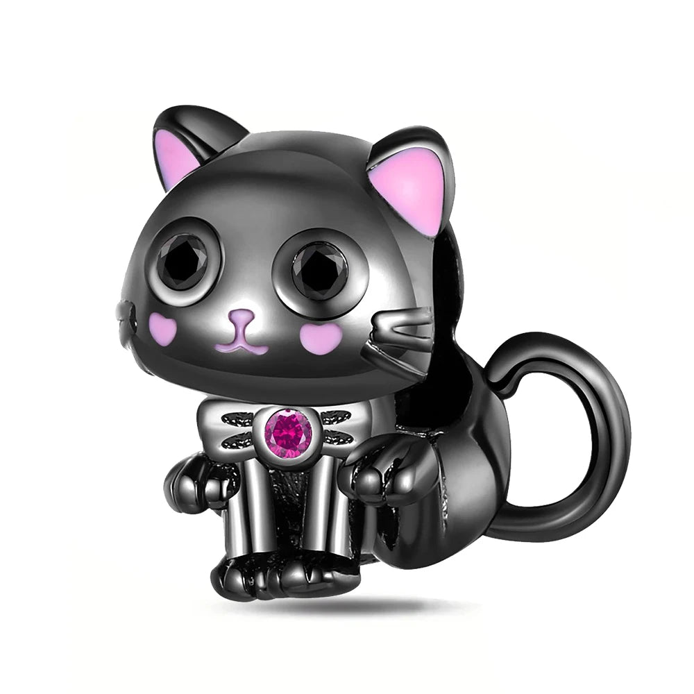 Black cat-shaped figurine with pink accents on a white background. pandora style charm pendant. gothic style, halloween theme
