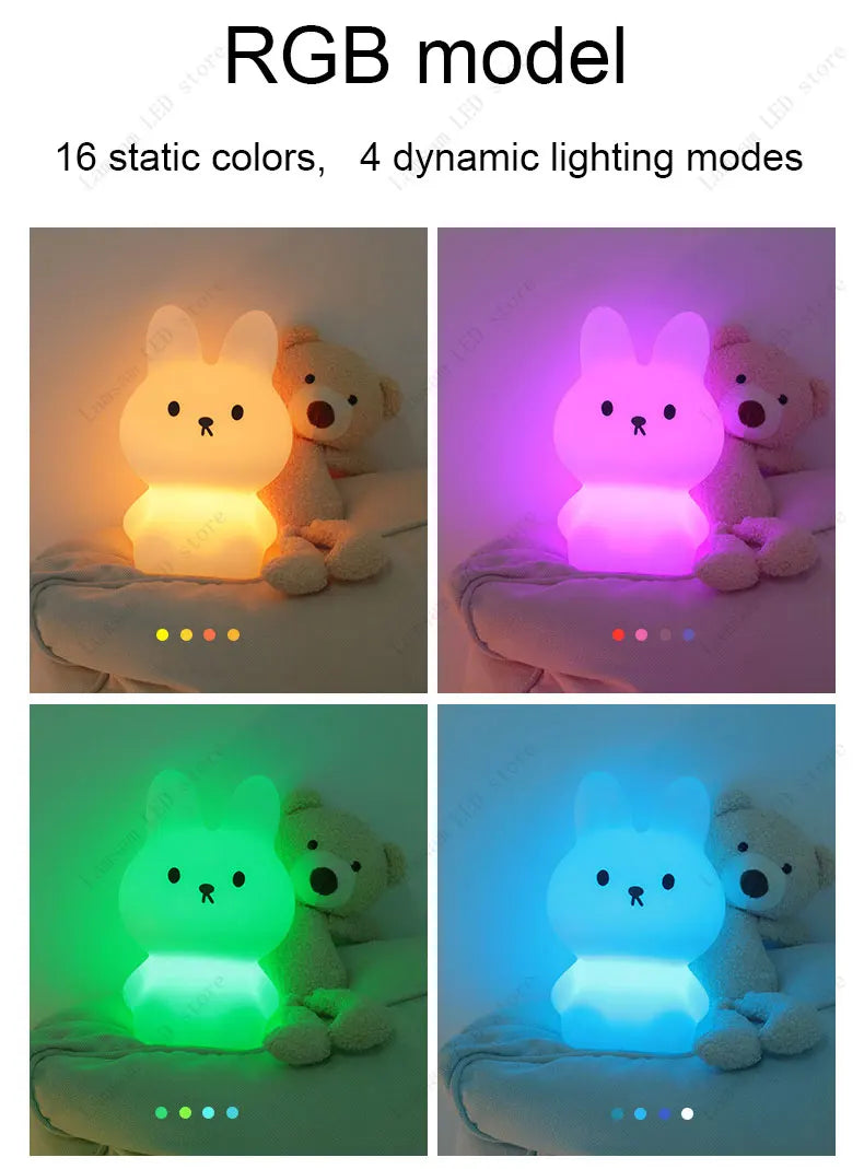 RGB model with 16 static colors and 4 dynamic lighting modes on a white background.