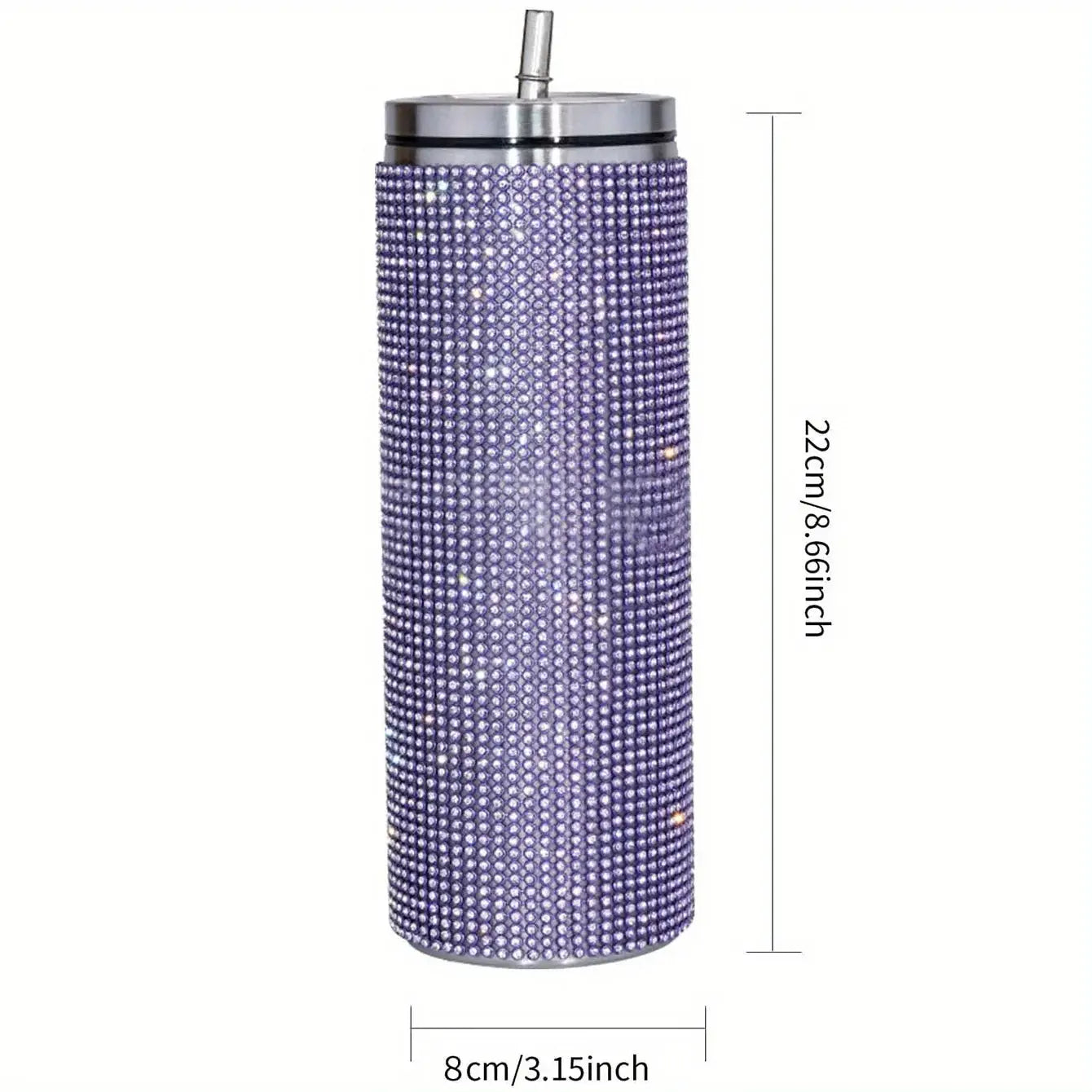 Purple rhinestone tumbler with dimensions on a white background