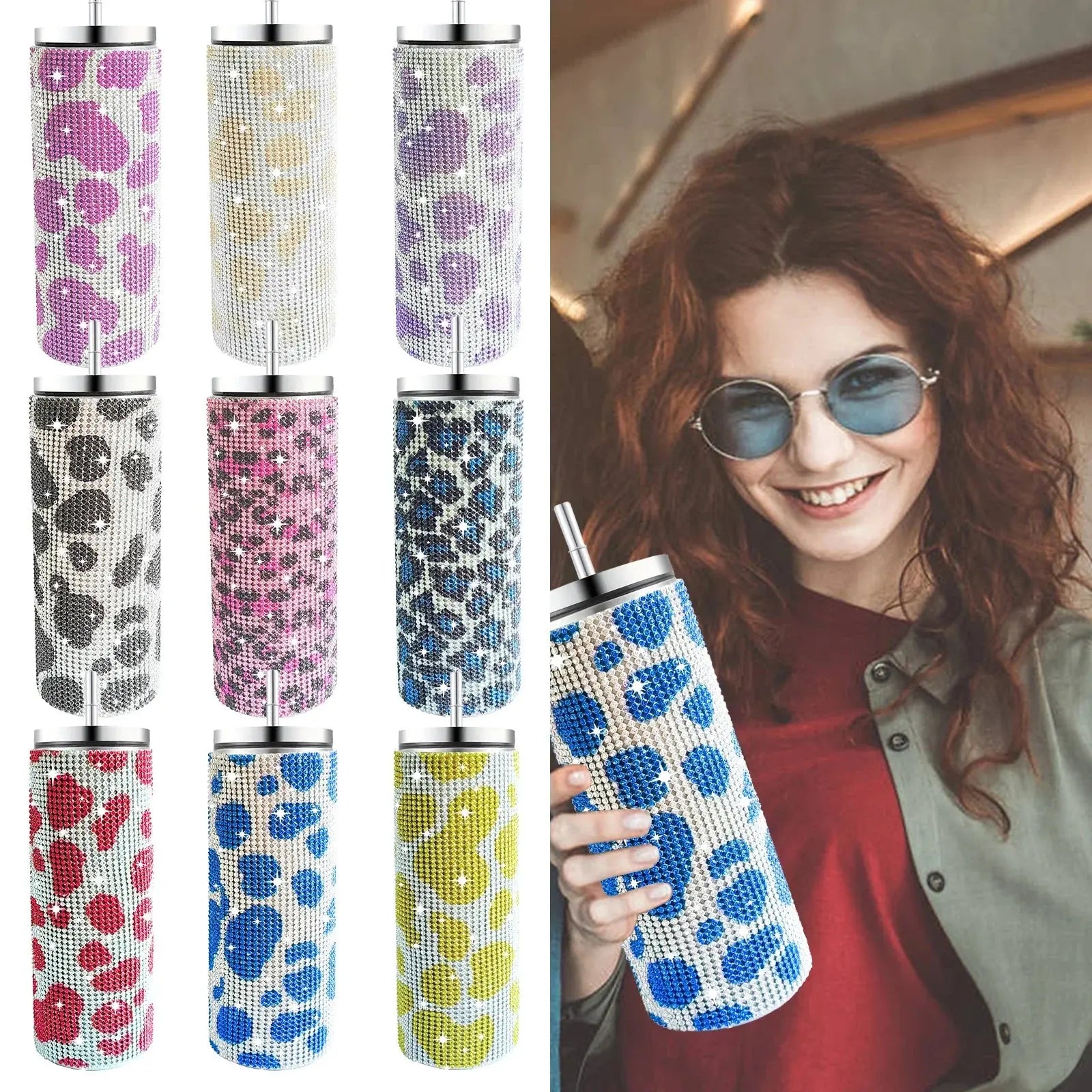 Collection of patterned bottles with a woman holding a blue and white polka dot bottle.