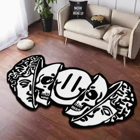 Decorative rug with skull design on a wooden floor in a living room.