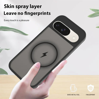 Phone case with wireless charging pad held by a hand, text about skin spray layer and fingerprint protection.