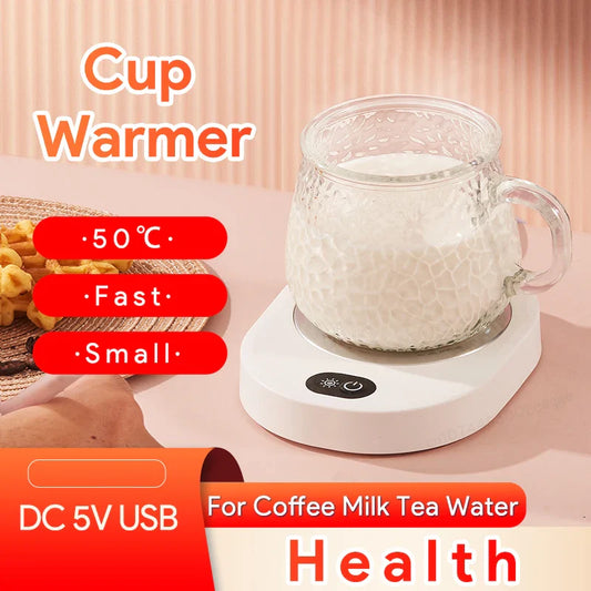 Cup Warmer Thermostatic Temperature coffee warmer with glass mug of milk, USB-powered, compact and ideal for home or office use.