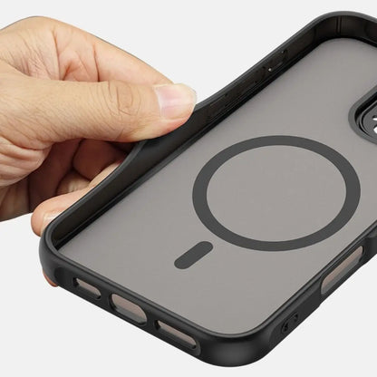 Phone case with MagSafe logo held by a hand on a light gray background
