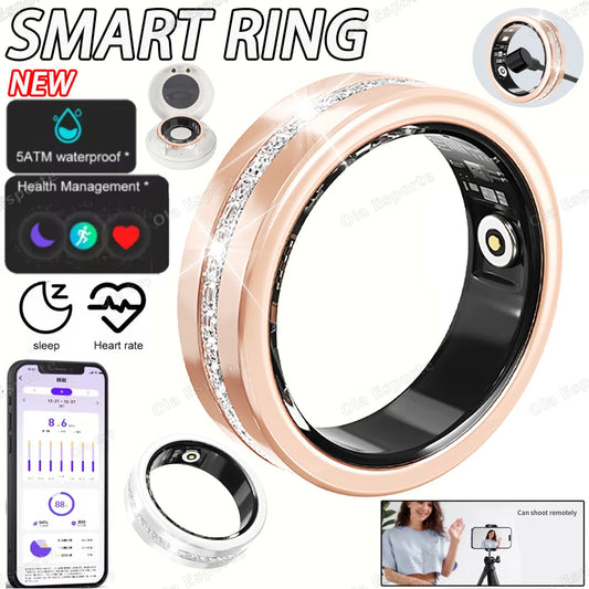 Smart ring with rose gold band, app interface, and additional features on a white background. oura ring