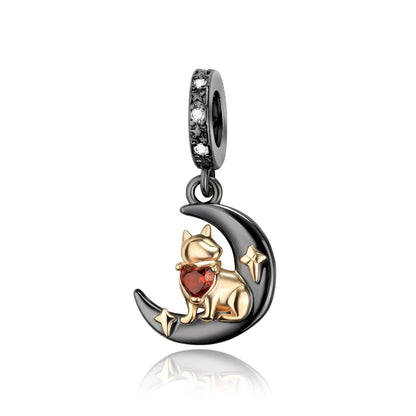 Jewelry charm with a cat on a moon, red heart, and black background. pandora style charm pendant. witches, gothic 