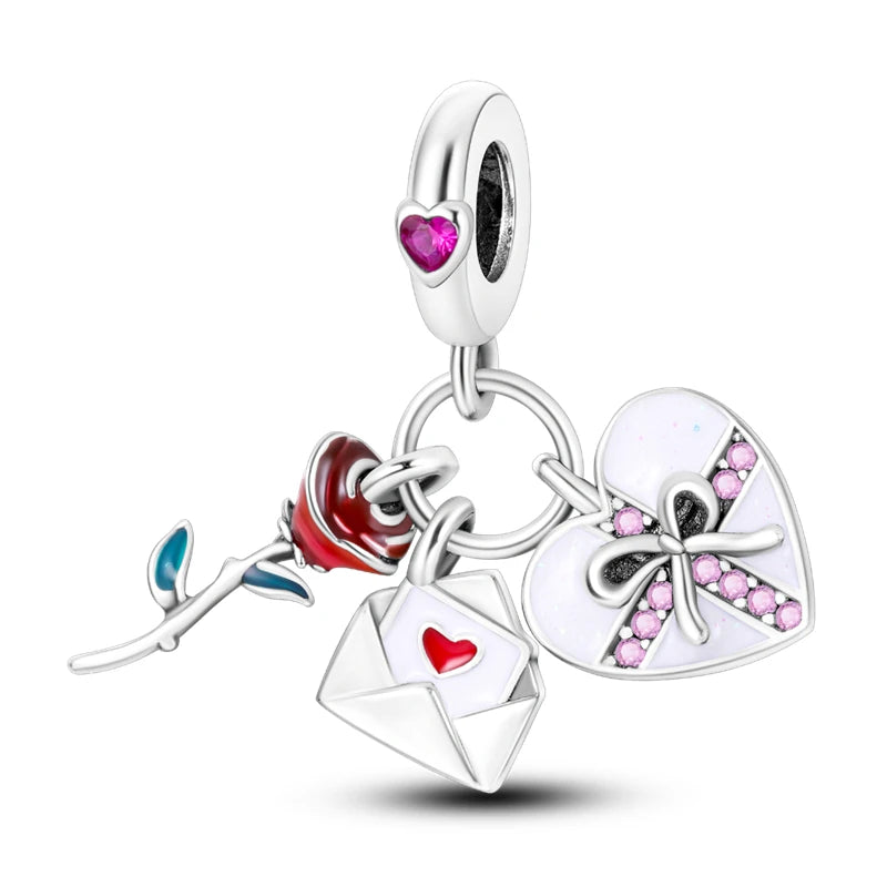 925 Sterling Silver Pink Series Colour Charms Beads Cut Girl Flower Pendant