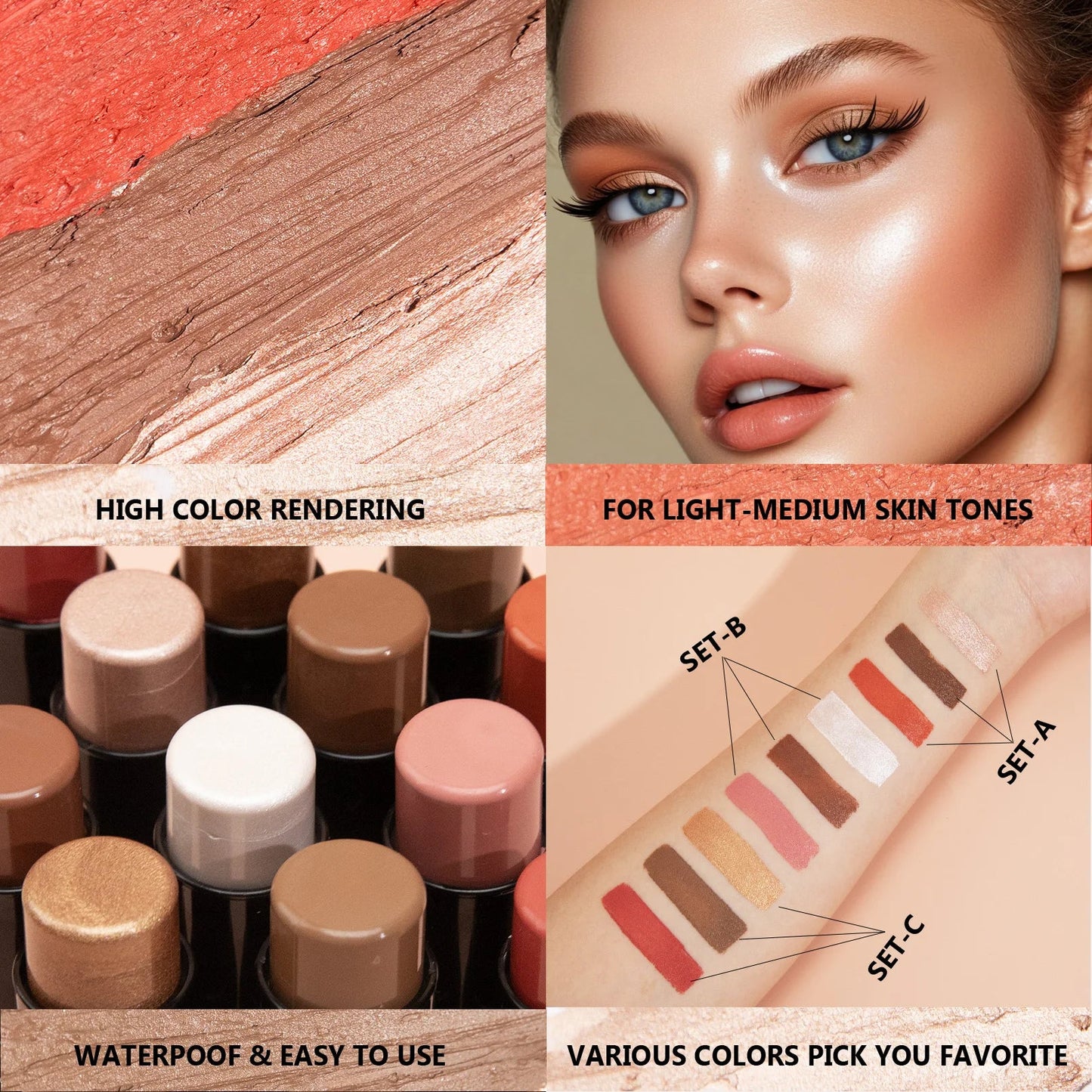 4pcs Contour Stick, Highlighter Stick, Blush Stick 4pcs Cream Contour Kit with Contour Brush, Contour, Non-greasy Pure Ember