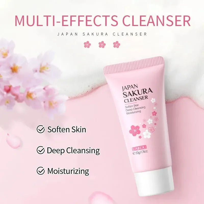 Japan Sakura cleanser tube with cherry blossom design on a soft pink background