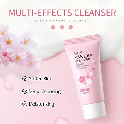 Japan Sakura cleanser tube with cherry blossom design on a soft pink background