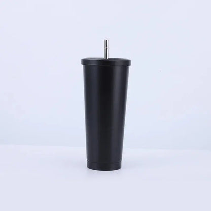 Black tumbler with a metal straw on a white background