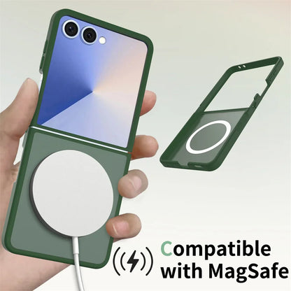 Green phone case with magnetic charging pad held by a hand, compatible with MagSafe.