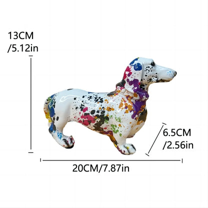 Colorful dog figurine with measurements on a white background dashhound