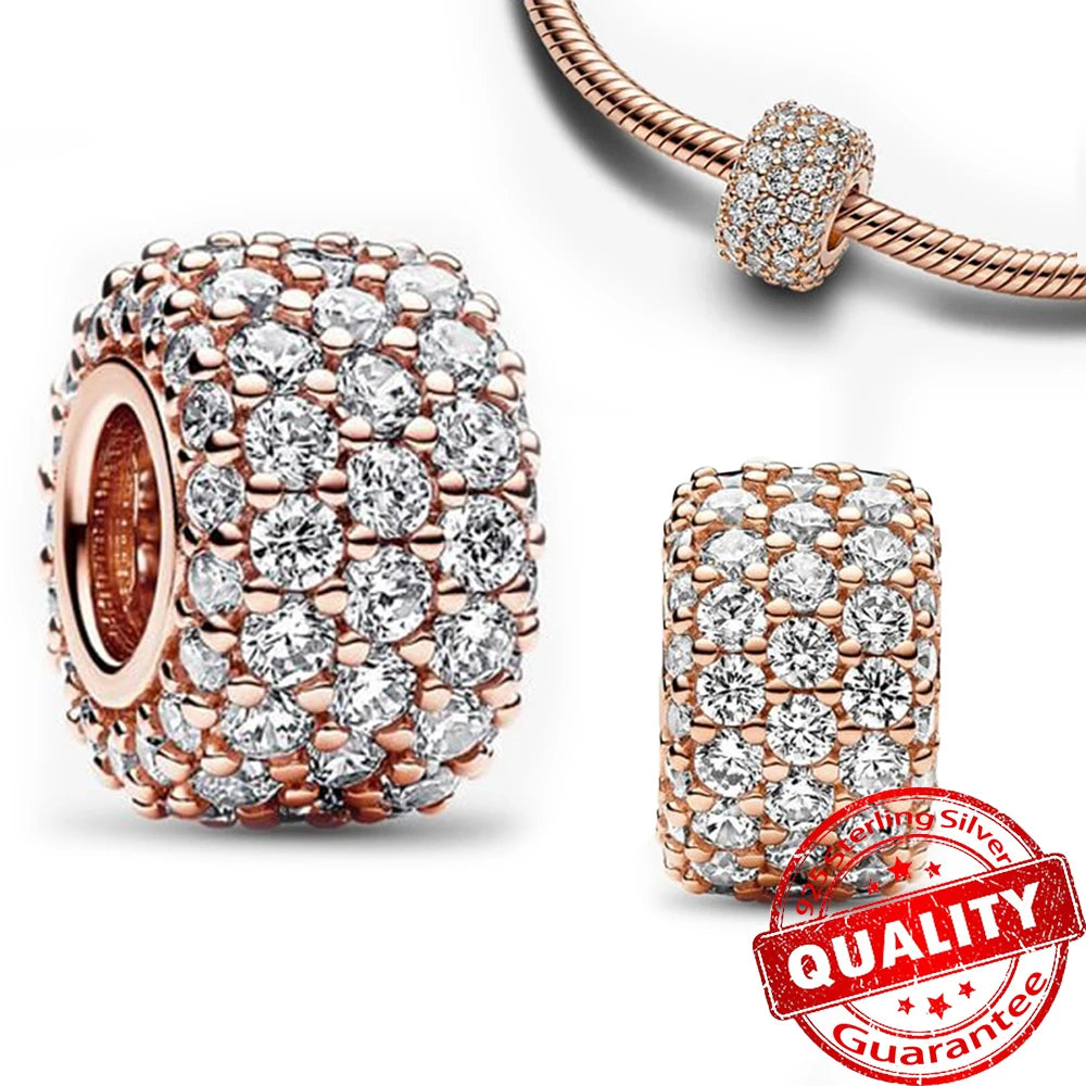 Sparkling Rose Gold Pavé Triple-row Beads Pink Gem Entwined Hearts Charm Fits Brand Bracelet Pure Ember