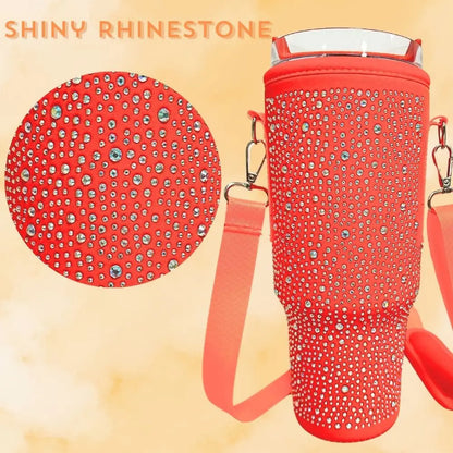 Red water bottle holder with rhinestones and a close-up of the rhinestone pattern on a beige background.