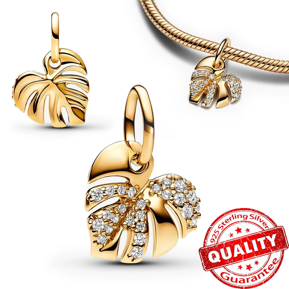 Sparkling Gold Monstera Leaf Charm Fit Original Bracelet 925 Sterling Silver Shark Tooth Mini Charms Pure Ember