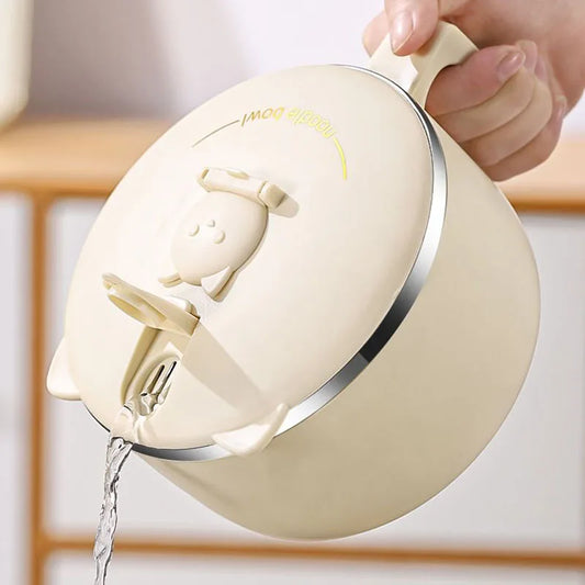 Cream-colored Instant Noodles Ramens Bowl with lid and spout pouring water, ideal for hot meals and on-the-go use.