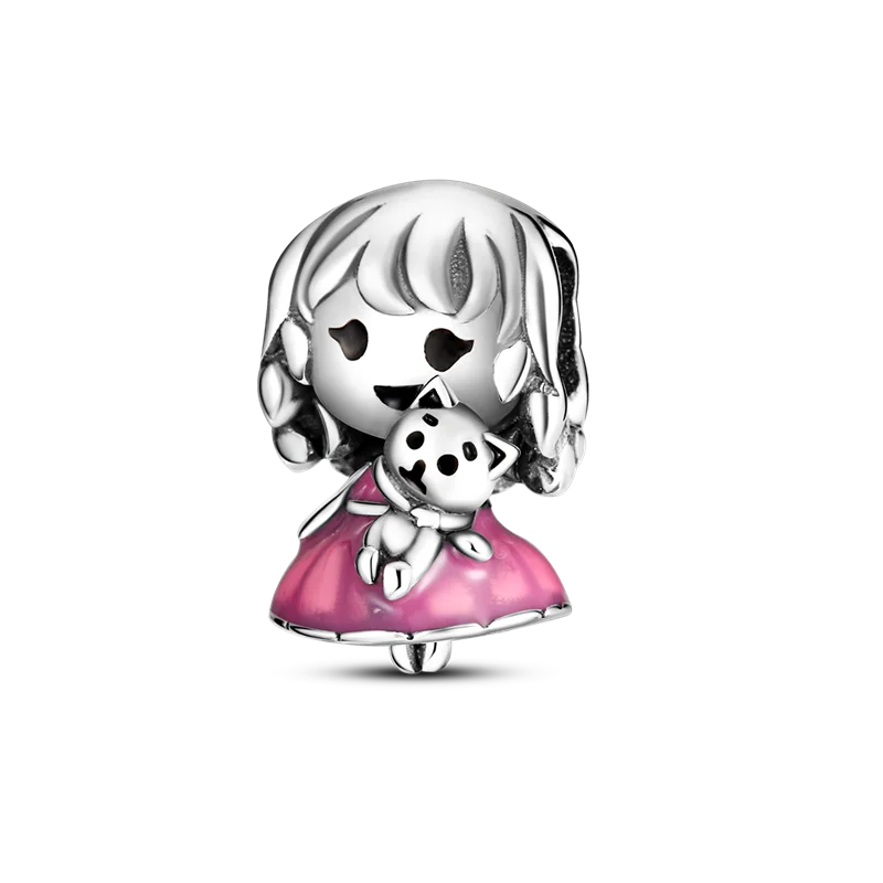 925 Sterling Silver Pink Series Colour Charms Beads Cut Girl Flower Pendant