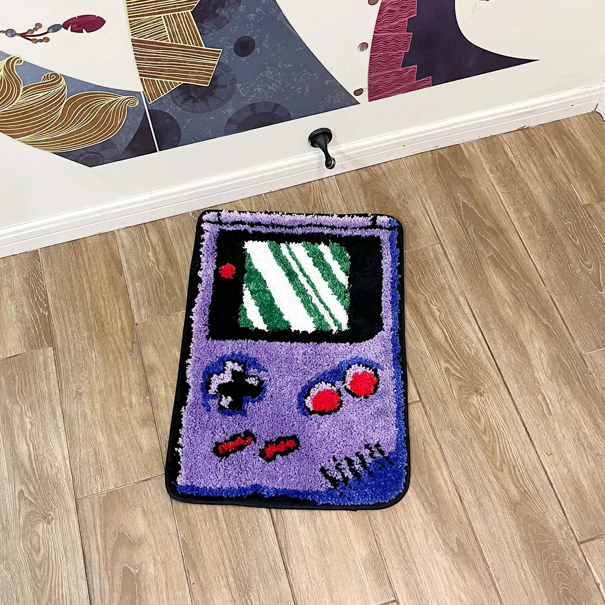Game console-shaped rug on a wooden floor