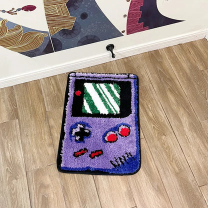Game console-shaped rug on a wooden floor