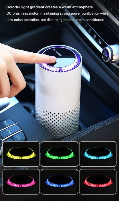 Car air freshener with colorful light gradient and text about its features.