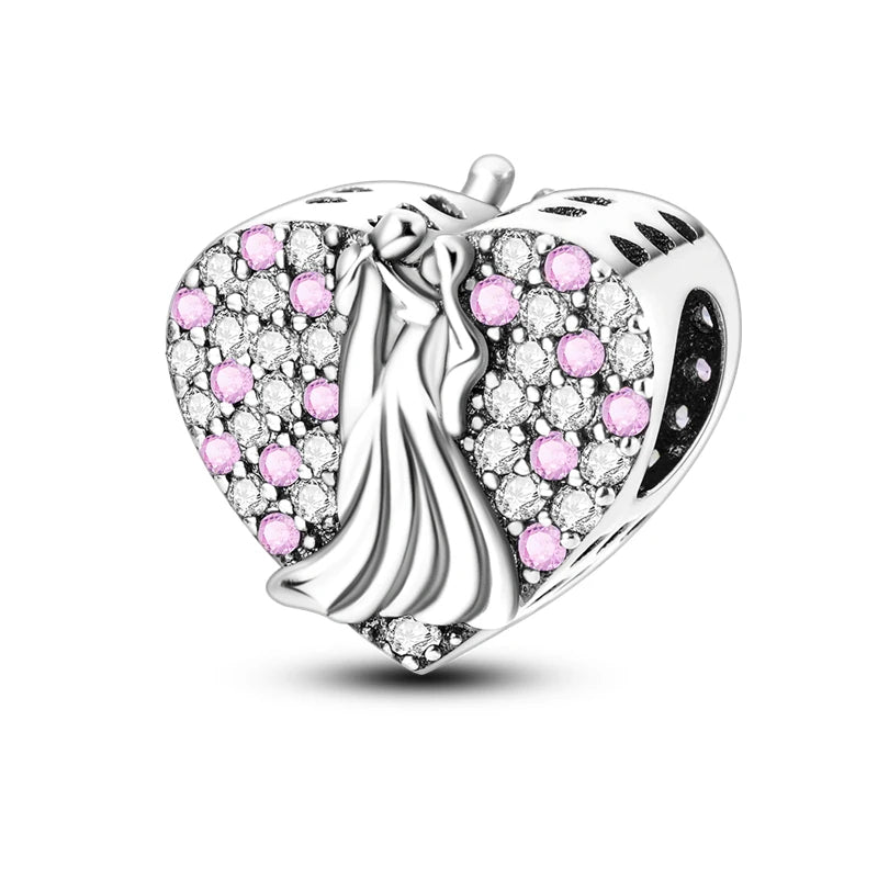 925 Sterling Silver Pink Series Colour Charms Beads Cut Girl Flower Pendant